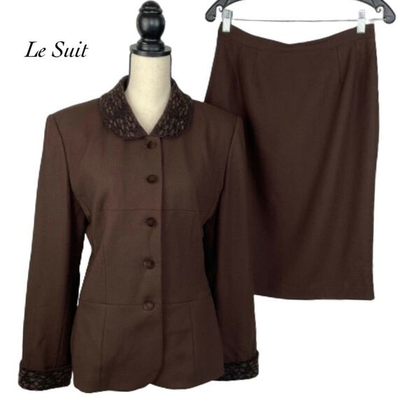Le Suit Brown Beaded Trim Wool Skirt Suit Blazer Size 12 Skirt Size 10 - Picture 1 of 12